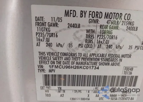 2006 Ford Escape Hev z USA, uszkodzony, nr VIN 1FMCU96H26KC01734